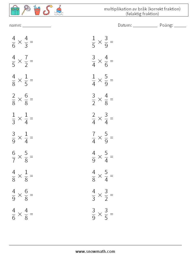 (20) multiplikation av bråk (korrekt fraktion) (felaktig fraktion) Matematiska arbetsblad 17