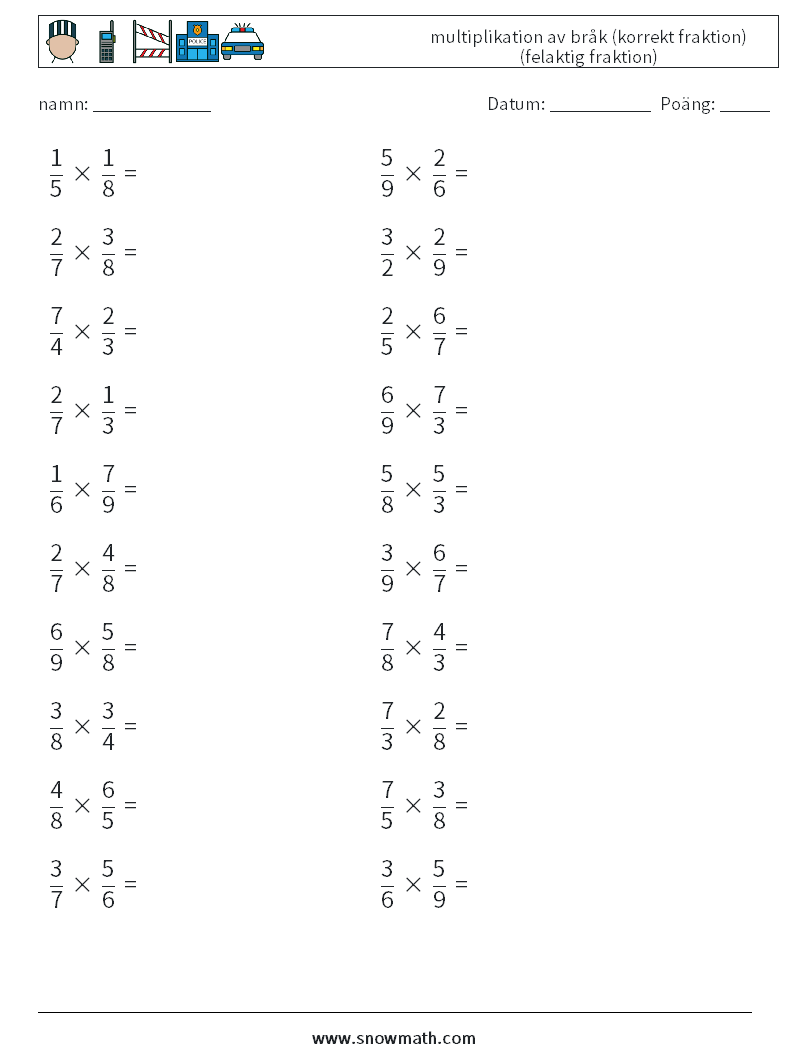 (20) multiplikation av bråk (korrekt fraktion) (felaktig fraktion) Matematiska arbetsblad 18