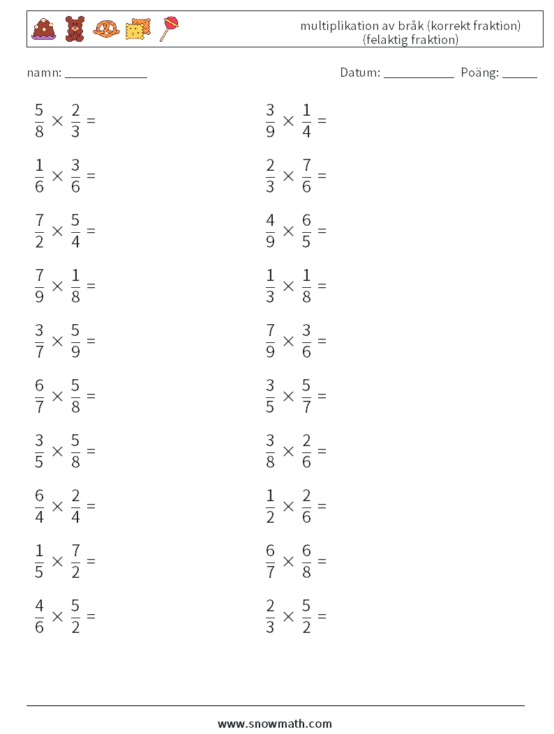 (20) multiplikation av bråk (korrekt fraktion) (felaktig fraktion) Matematiska arbetsblad 2