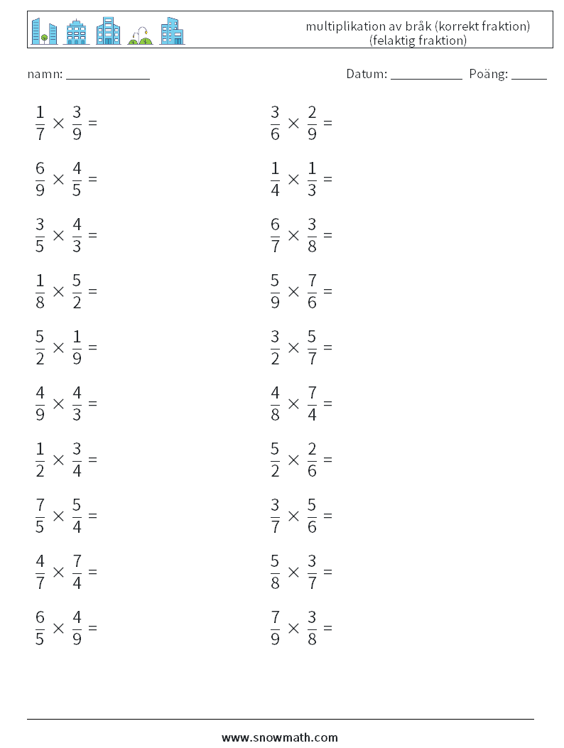 (20) multiplikation av bråk (korrekt fraktion) (felaktig fraktion) Matematiska arbetsblad 3
