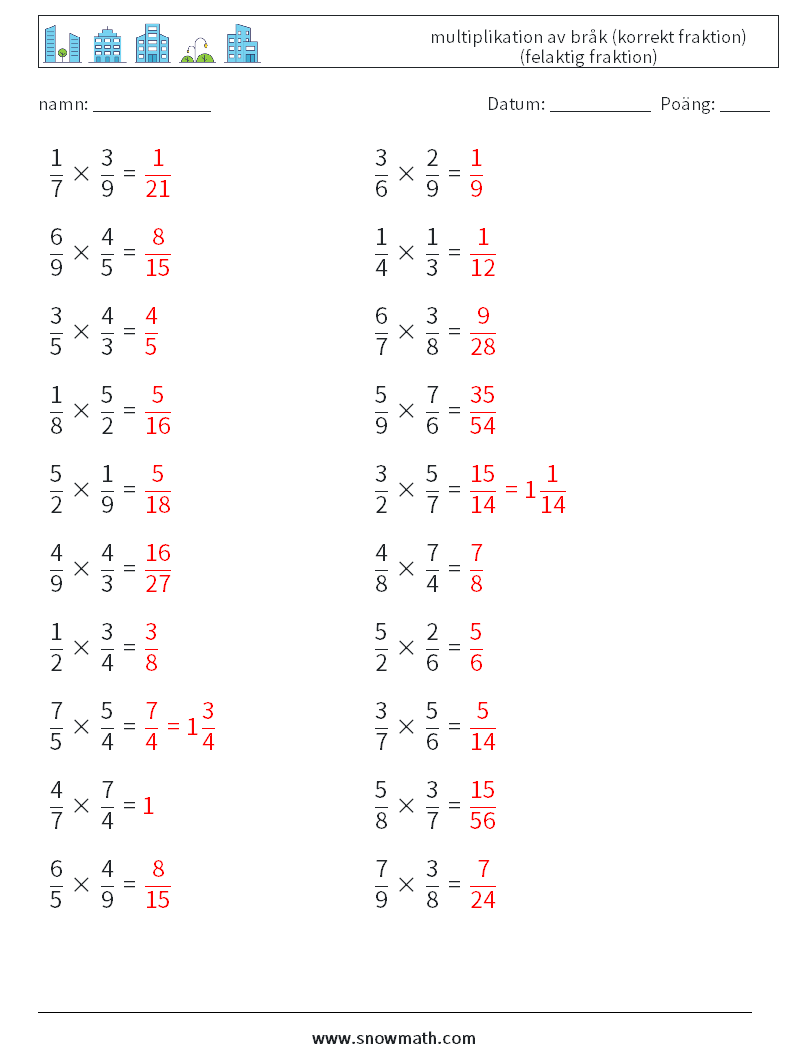(20) multiplikation av bråk (korrekt fraktion) (felaktig fraktion) Matematiska arbetsblad 3 Fråga, svar