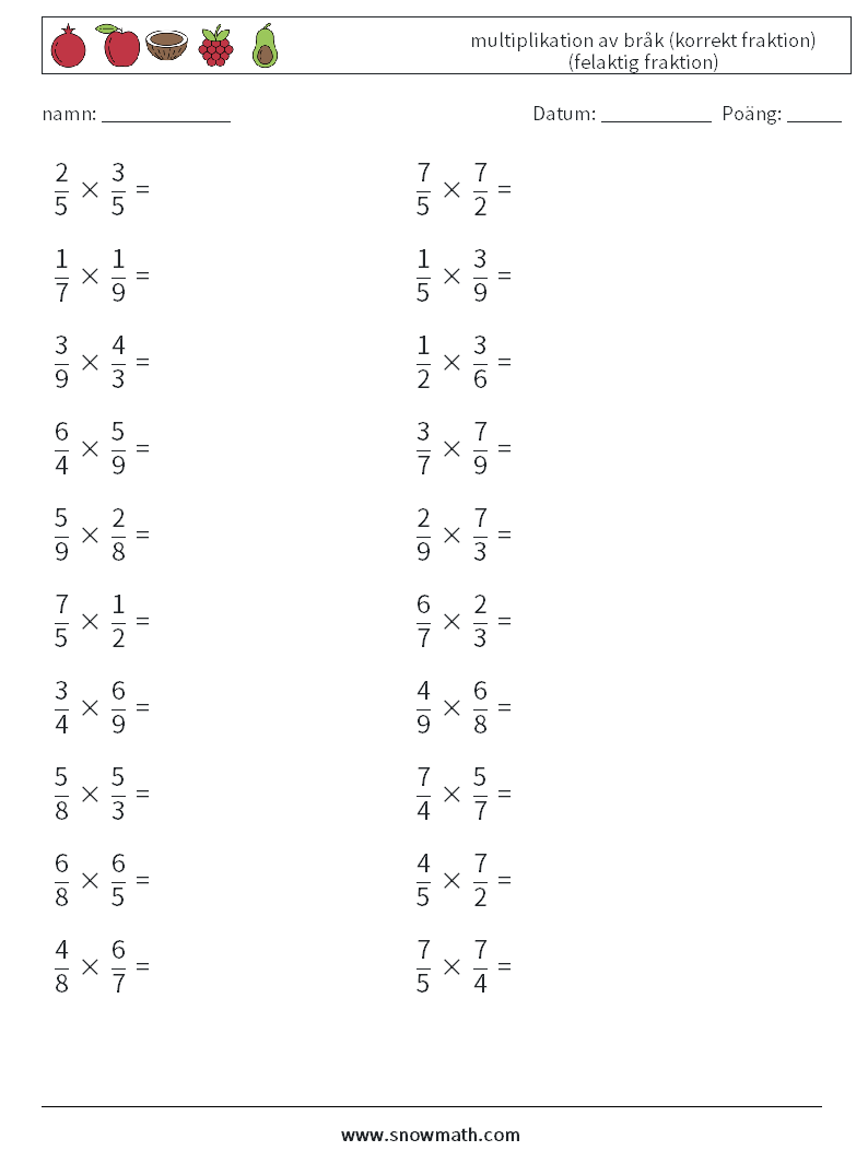 (20) multiplikation av bråk (korrekt fraktion) (felaktig fraktion) Matematiska arbetsblad 4