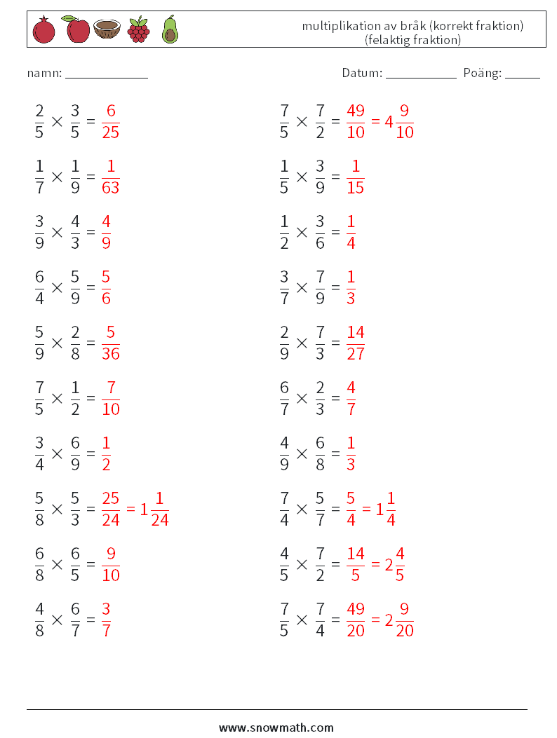 (20) multiplikation av bråk (korrekt fraktion) (felaktig fraktion) Matematiska arbetsblad 4 Fråga, svar