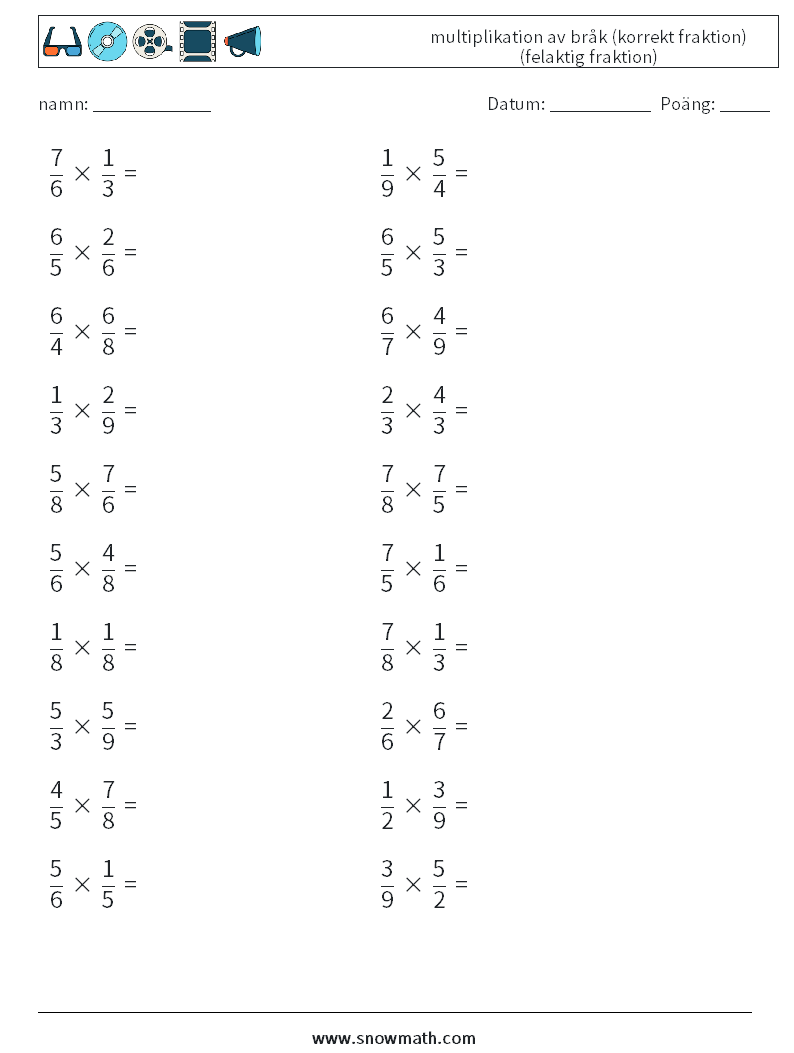 (20) multiplikation av bråk (korrekt fraktion) (felaktig fraktion) Matematiska arbetsblad 5