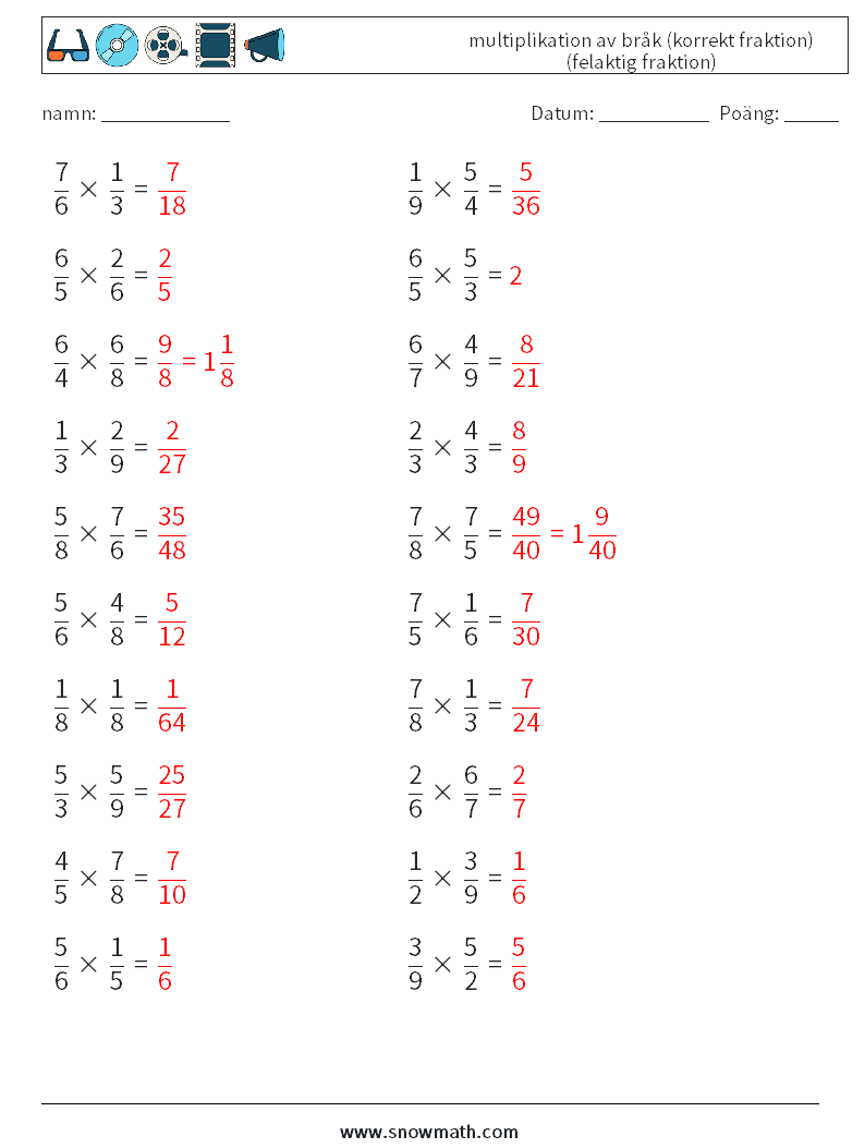 (20) multiplikation av bråk (korrekt fraktion) (felaktig fraktion) Matematiska arbetsblad 5 Fråga, svar