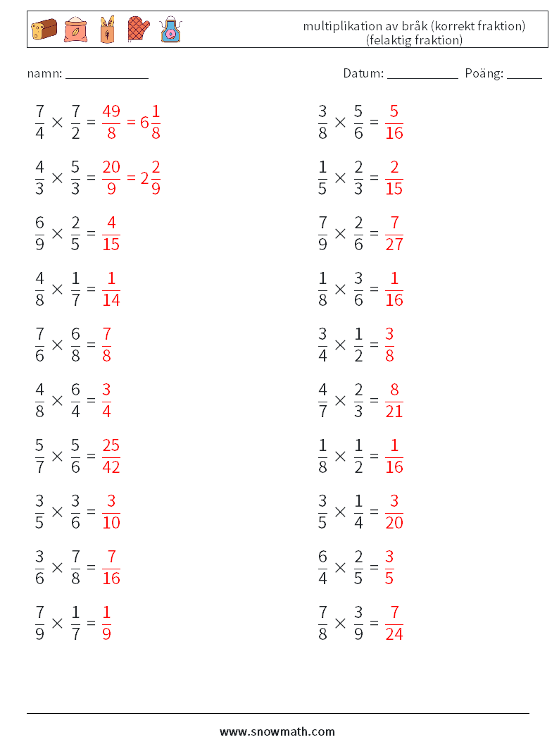 (20) multiplikation av bråk (korrekt fraktion) (felaktig fraktion) Matematiska arbetsblad 6 Fråga, svar
