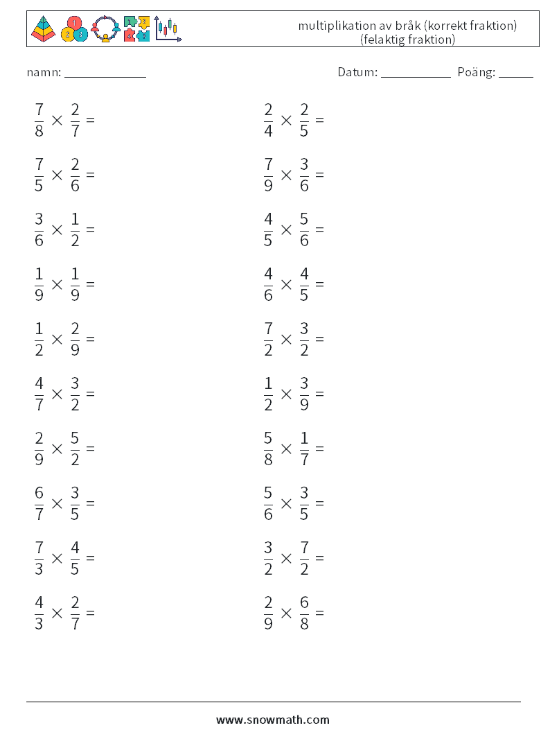 (20) multiplikation av bråk (korrekt fraktion) (felaktig fraktion) Matematiska arbetsblad 7