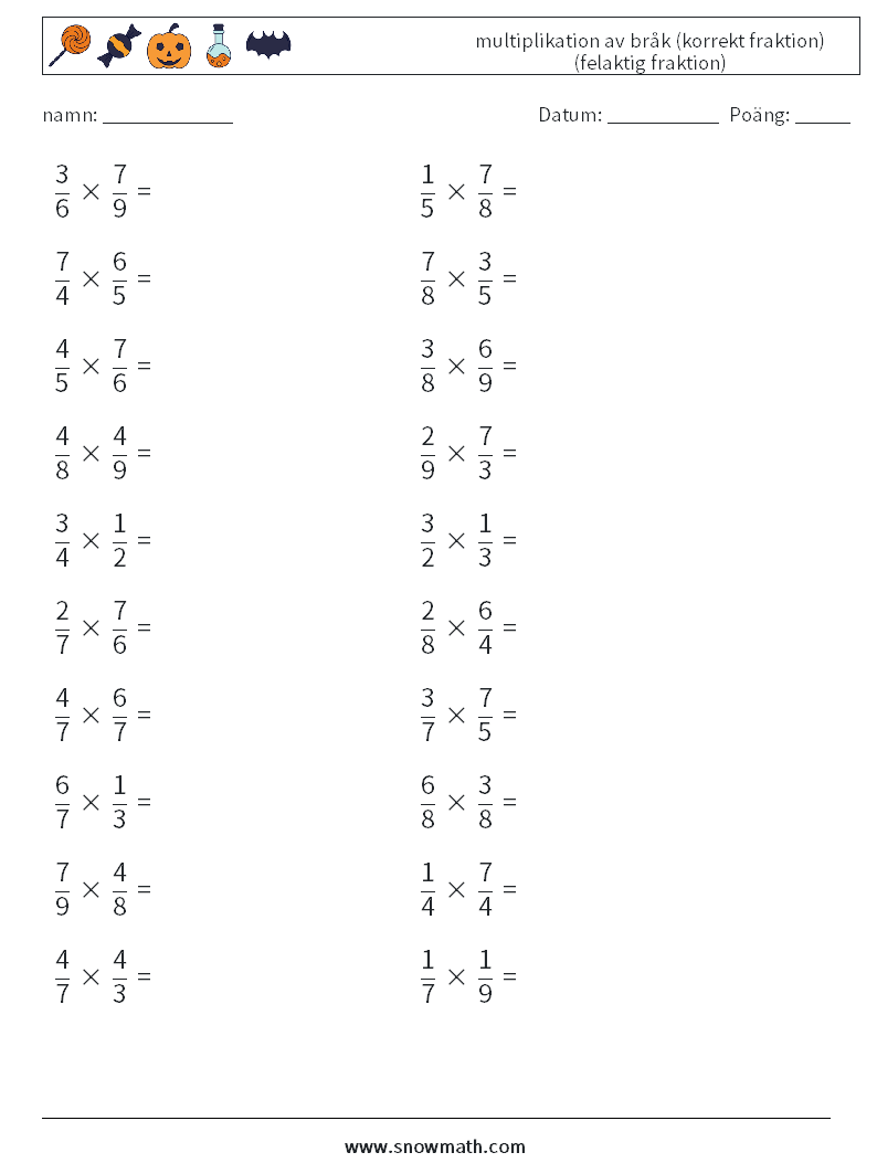 (20) multiplikation av bråk (korrekt fraktion) (felaktig fraktion) Matematiska arbetsblad 9