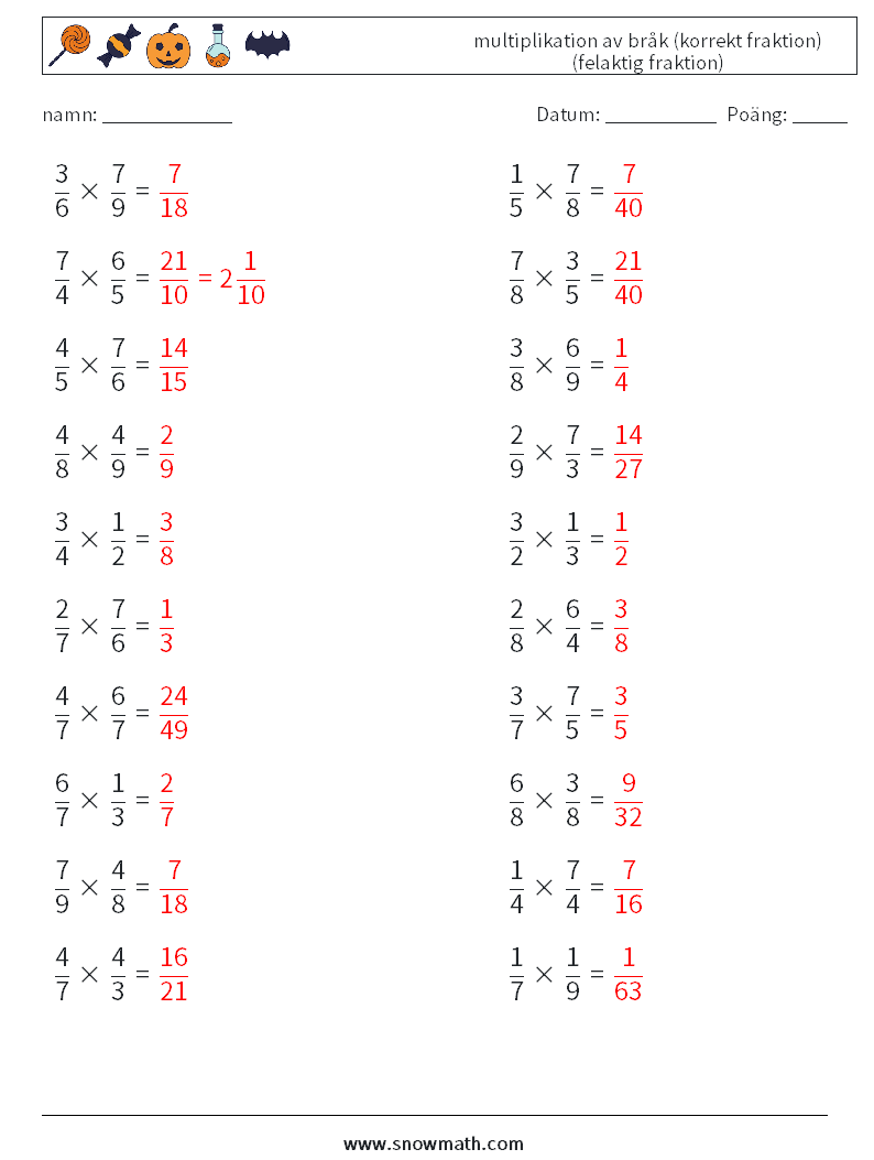 (20) multiplikation av bråk (korrekt fraktion) (felaktig fraktion) Matematiska arbetsblad 9 Fråga, svar