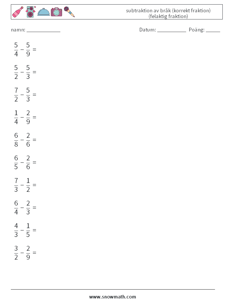 (10) subtraktion av bråk (korrekt fraktion) (felaktig fraktion) Matematiska arbetsblad 11