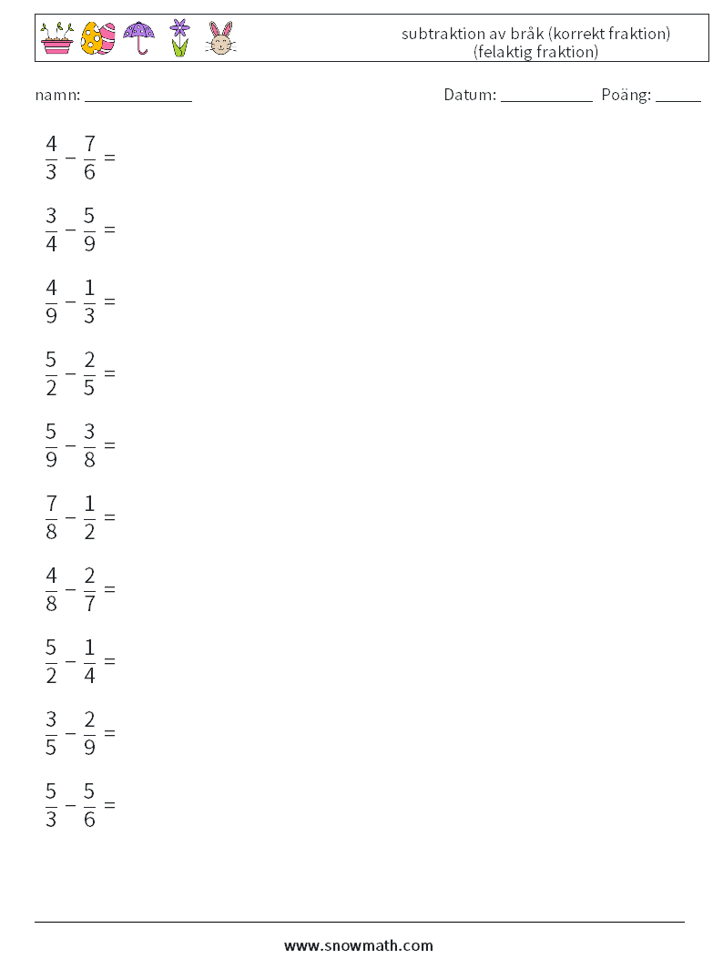 (10) subtraktion av bråk (korrekt fraktion) (felaktig fraktion) Matematiska arbetsblad 12