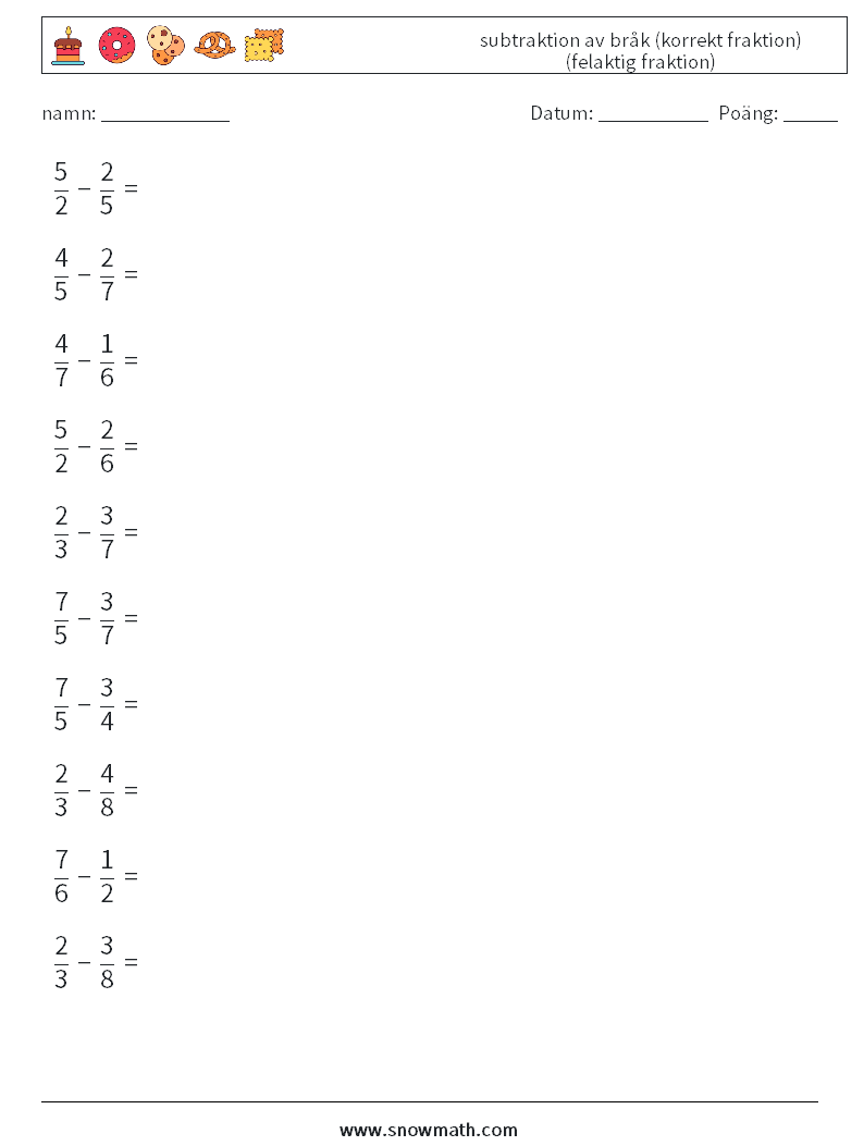 (10) subtraktion av bråk (korrekt fraktion) (felaktig fraktion) Matematiska arbetsblad 13