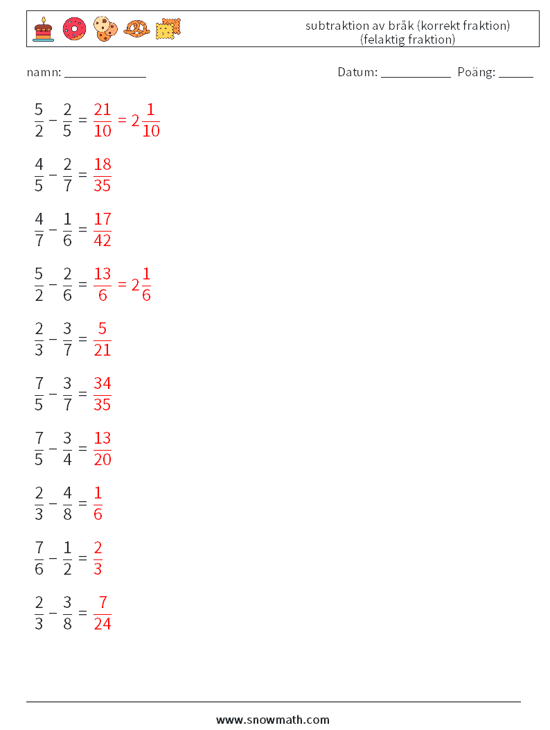 (10) subtraktion av bråk (korrekt fraktion) (felaktig fraktion) Matematiska arbetsblad 13 Fråga, svar