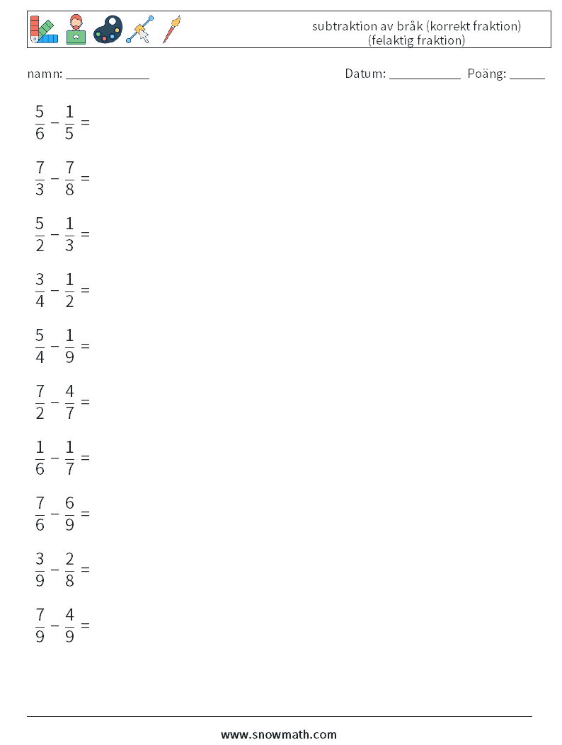 (10) subtraktion av bråk (korrekt fraktion) (felaktig fraktion) Matematiska arbetsblad 14