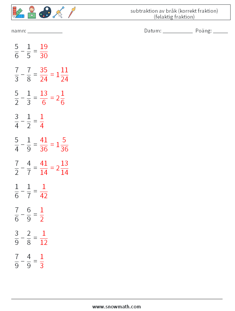 (10) subtraktion av bråk (korrekt fraktion) (felaktig fraktion) Matematiska arbetsblad 14 Fråga, svar