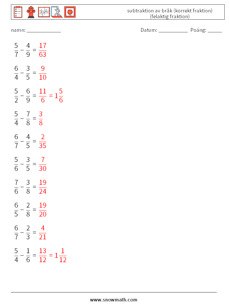 (10) subtraktion av bråk (korrekt fraktion) (felaktig fraktion) Matematiska arbetsblad 1 Fråga, svar