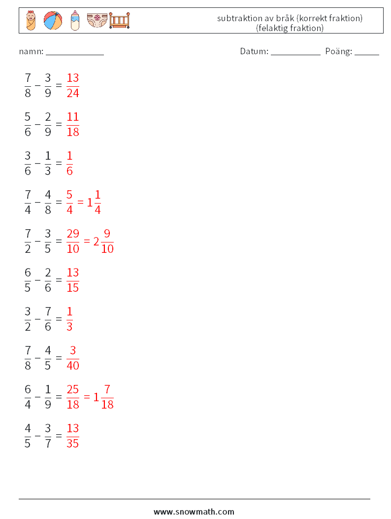 (10) subtraktion av bråk (korrekt fraktion) (felaktig fraktion) Matematiska arbetsblad 2 Fråga, svar