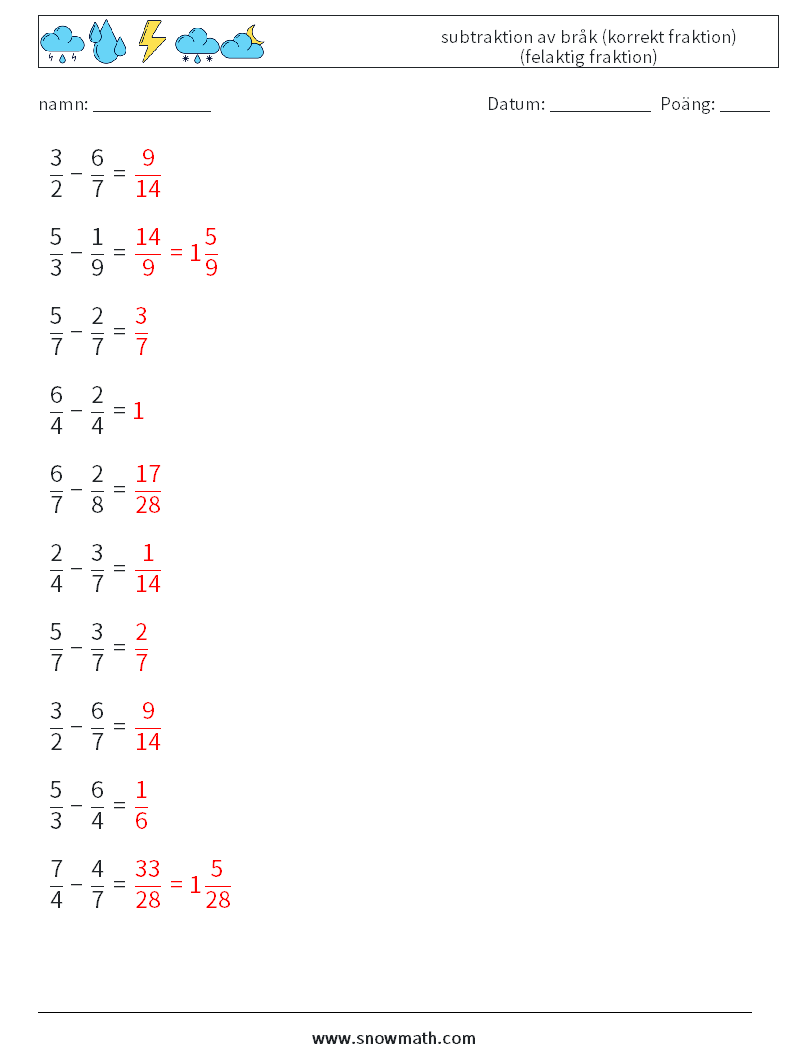 (10) subtraktion av bråk (korrekt fraktion) (felaktig fraktion) Matematiska arbetsblad 3 Fråga, svar