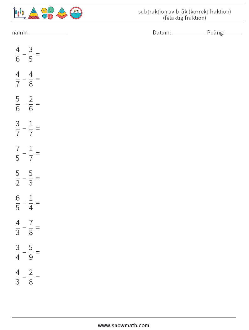 (10) subtraktion av bråk (korrekt fraktion) (felaktig fraktion) Matematiska arbetsblad 4