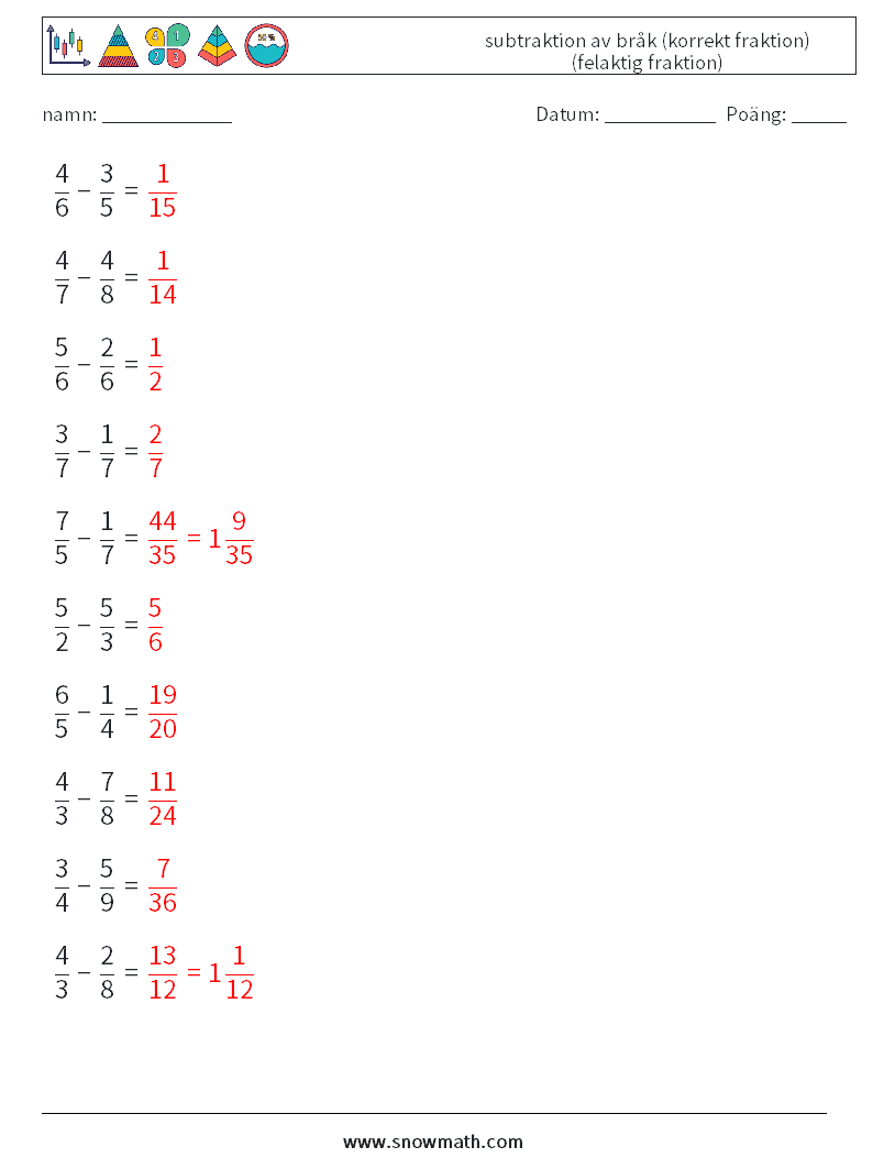 (10) subtraktion av bråk (korrekt fraktion) (felaktig fraktion) Matematiska arbetsblad 4 Fråga, svar