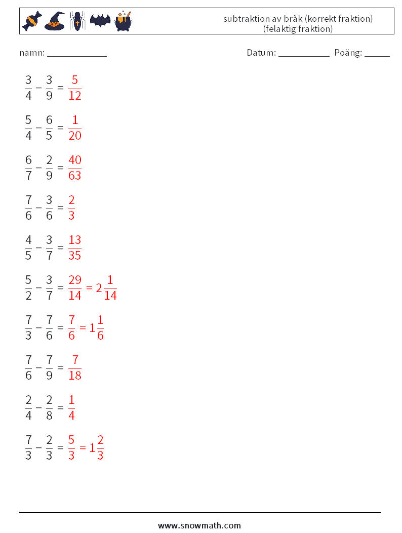 (10) subtraktion av bråk (korrekt fraktion) (felaktig fraktion) Matematiska arbetsblad 5 Fråga, svar