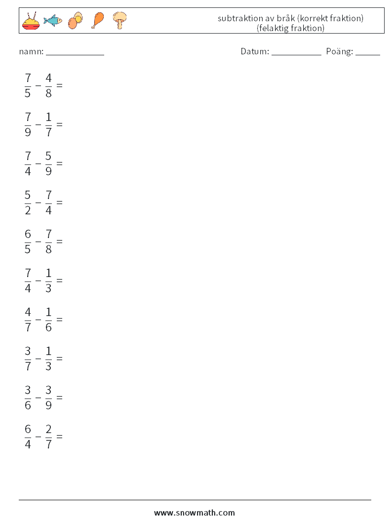 (10) subtraktion av bråk (korrekt fraktion) (felaktig fraktion) Matematiska arbetsblad 6