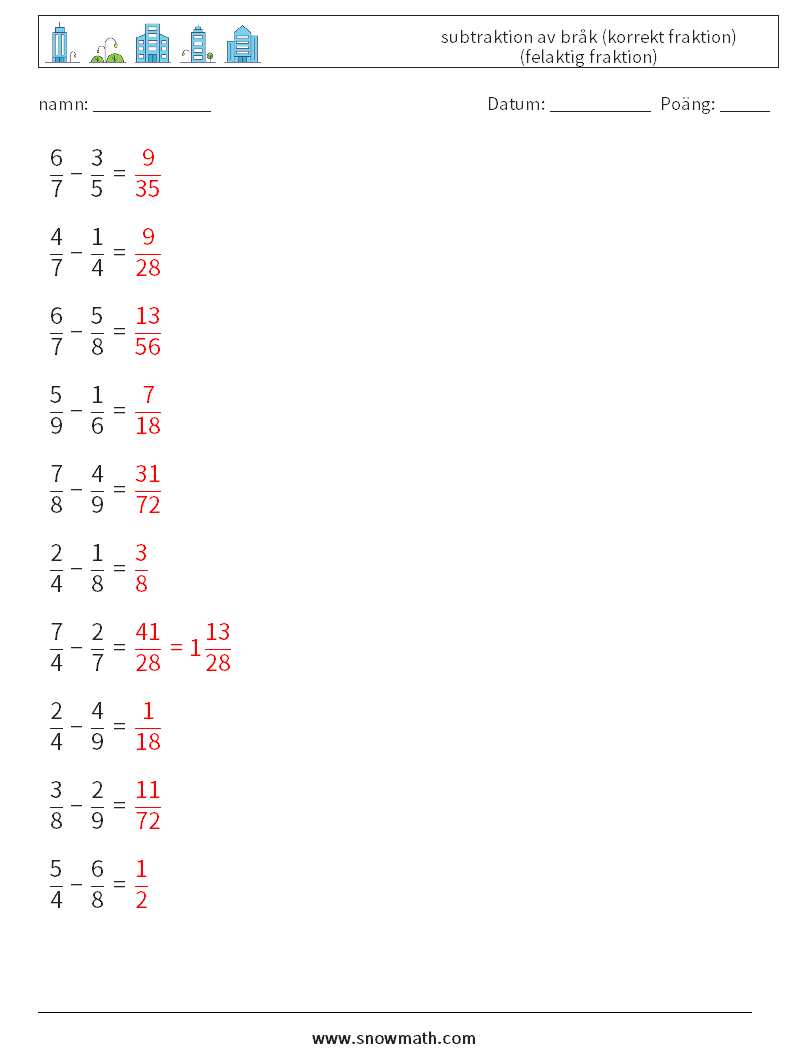 (10) subtraktion av bråk (korrekt fraktion) (felaktig fraktion) Matematiska arbetsblad 7 Fråga, svar