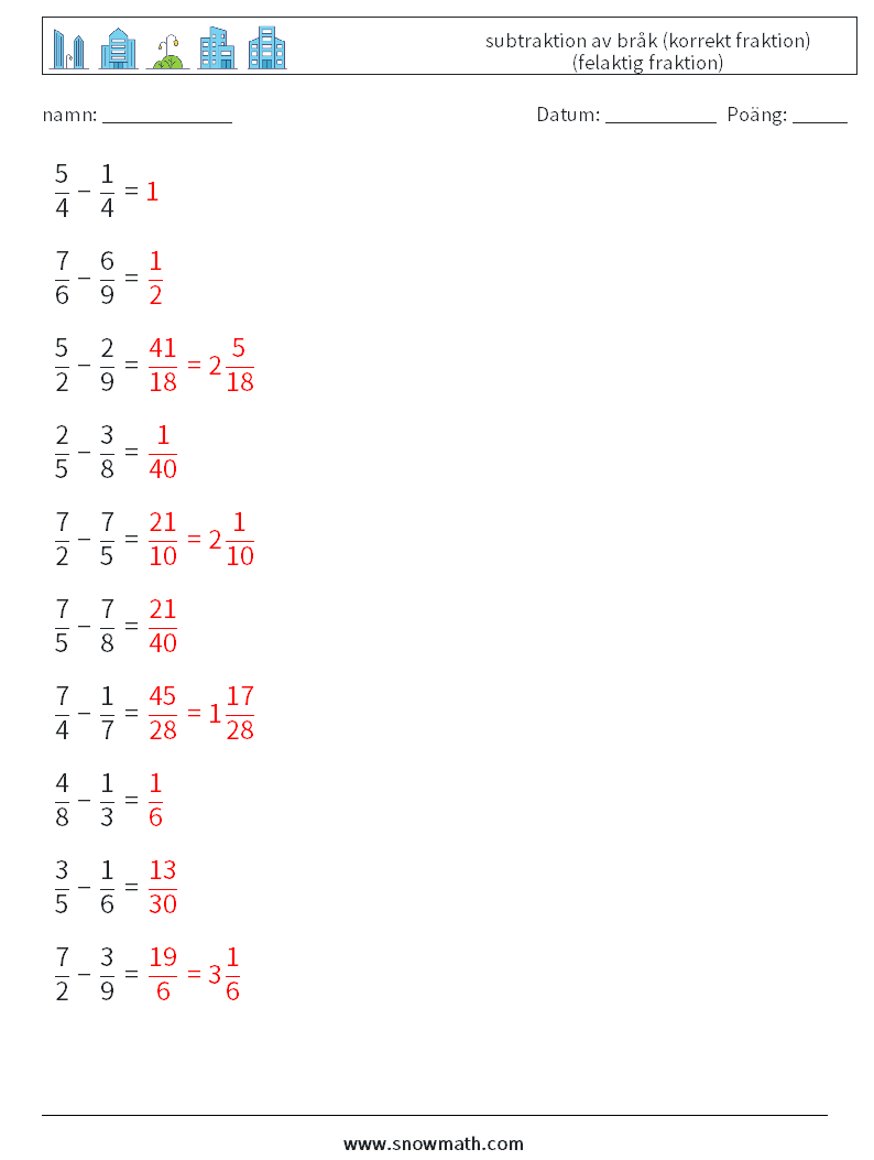 (10) subtraktion av bråk (korrekt fraktion) (felaktig fraktion) Matematiska arbetsblad 8 Fråga, svar