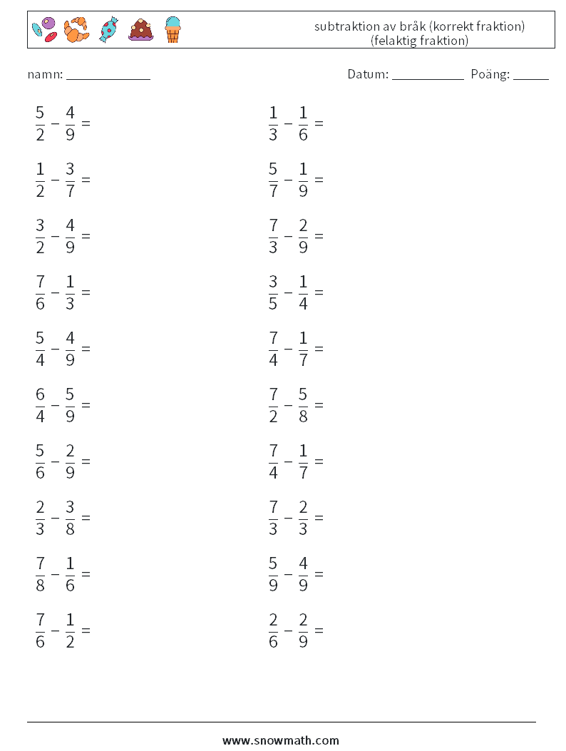 (20) subtraktion av bråk (korrekt fraktion) (felaktig fraktion) Matematiska arbetsblad 1