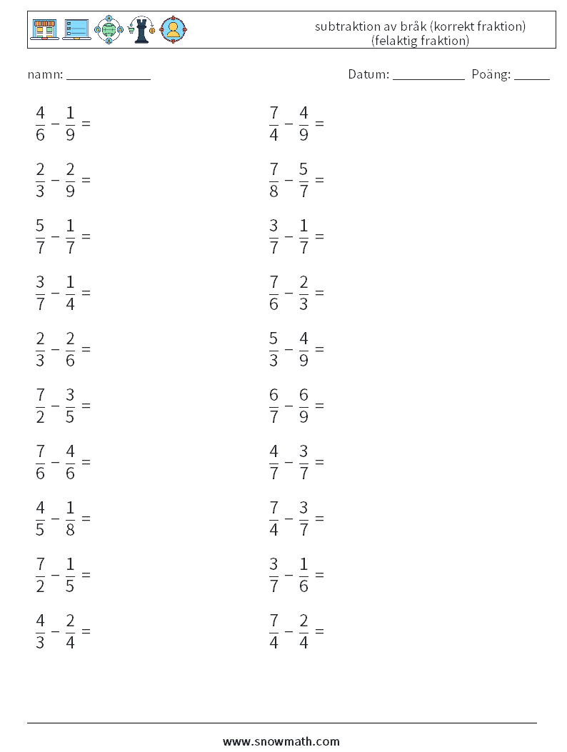 (20) subtraktion av bråk (korrekt fraktion) (felaktig fraktion) Matematiska arbetsblad 10
