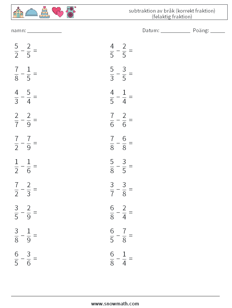 (20) subtraktion av bråk (korrekt fraktion) (felaktig fraktion) Matematiska arbetsblad 13