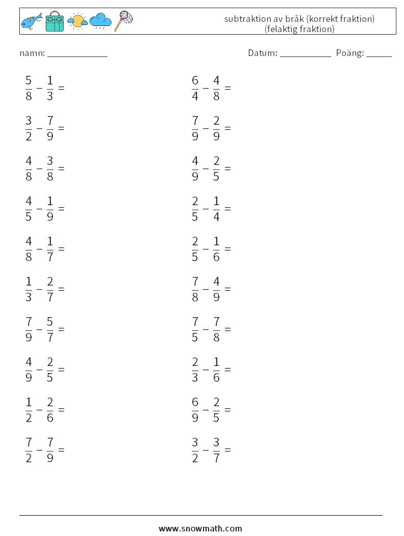(20) subtraktion av bråk (korrekt fraktion) (felaktig fraktion) Matematiska arbetsblad 14