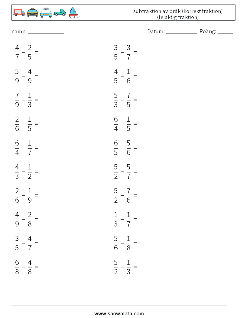 (20) subtraktion av bråk (korrekt fraktion) (felaktig fraktion) Matematiska arbetsblad 15