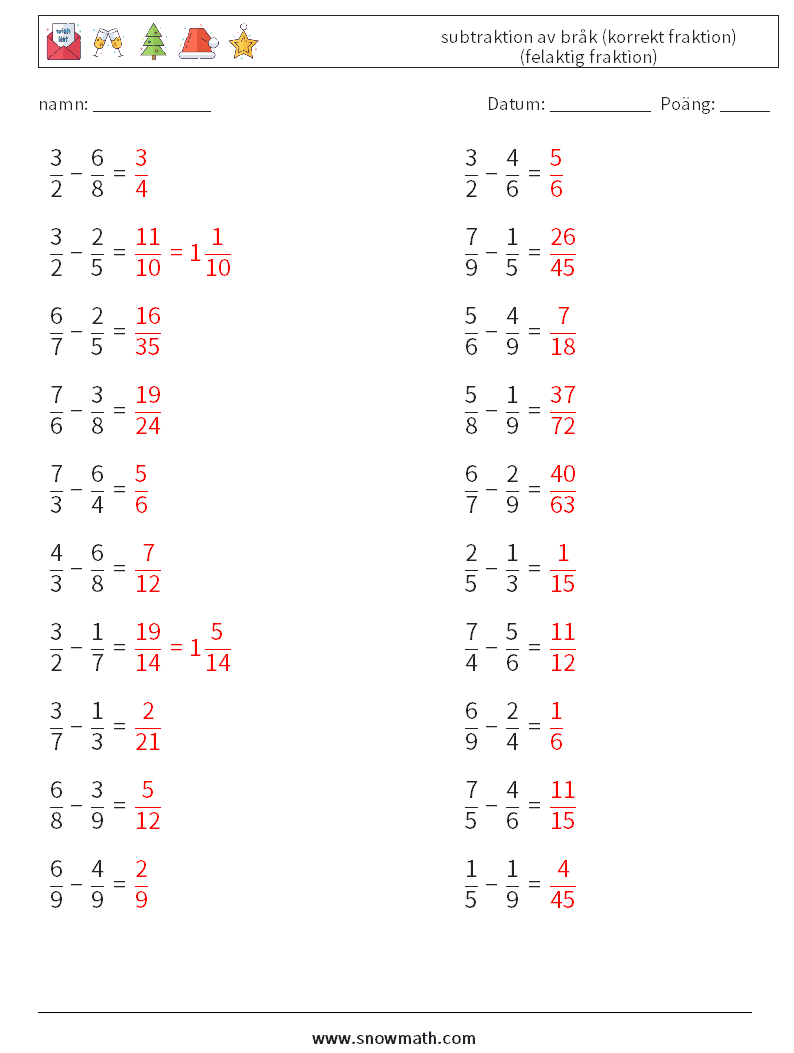 (20) subtraktion av bråk (korrekt fraktion) (felaktig fraktion) Matematiska arbetsblad 18 Fråga, svar