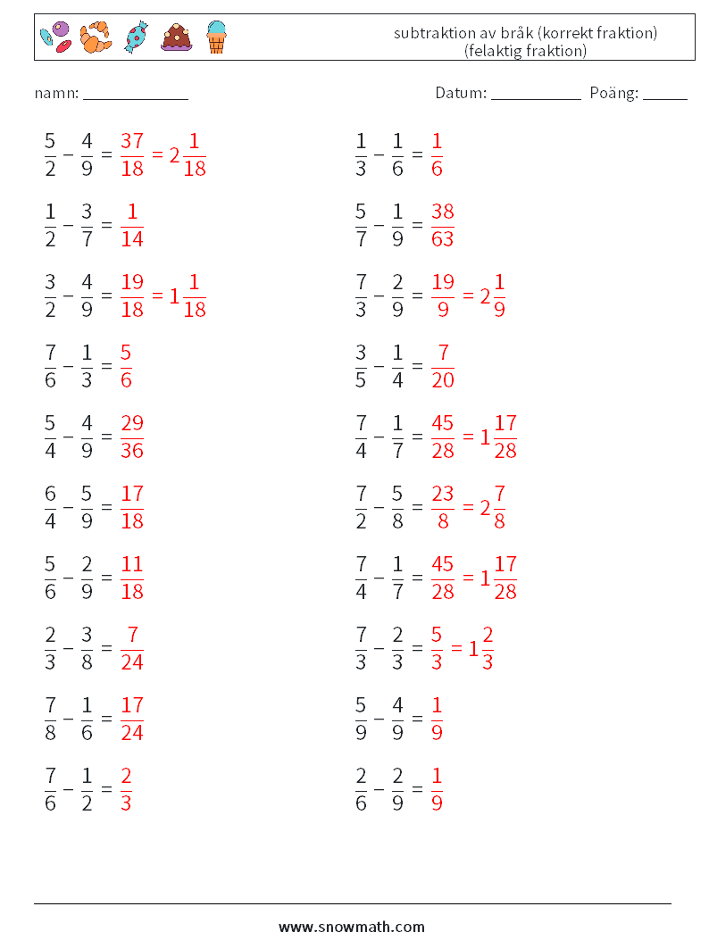(20) subtraktion av bråk (korrekt fraktion) (felaktig fraktion) Matematiska arbetsblad 1 Fråga, svar