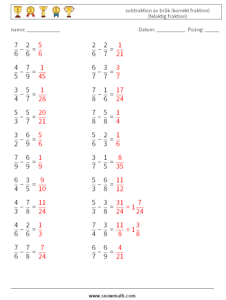 (20) subtraktion av bråk (korrekt fraktion) (felaktig fraktion) Matematiska arbetsblad 2 Fråga, svar