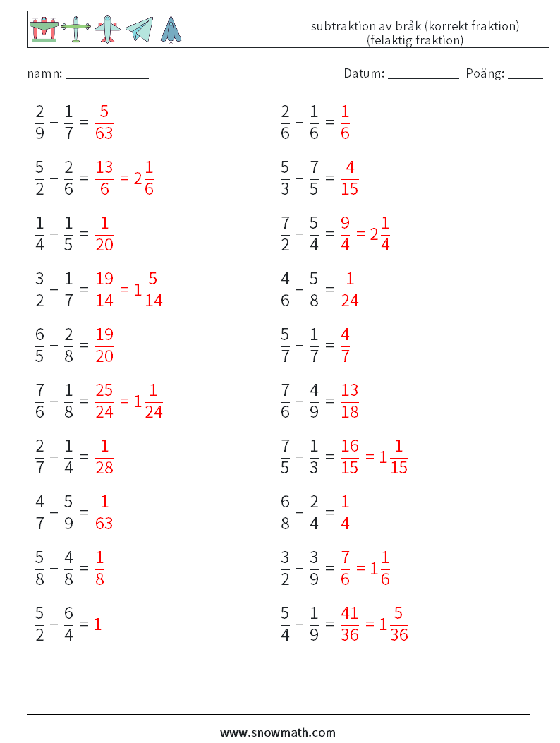 (20) subtraktion av bråk (korrekt fraktion) (felaktig fraktion) Matematiska arbetsblad 3 Fråga, svar