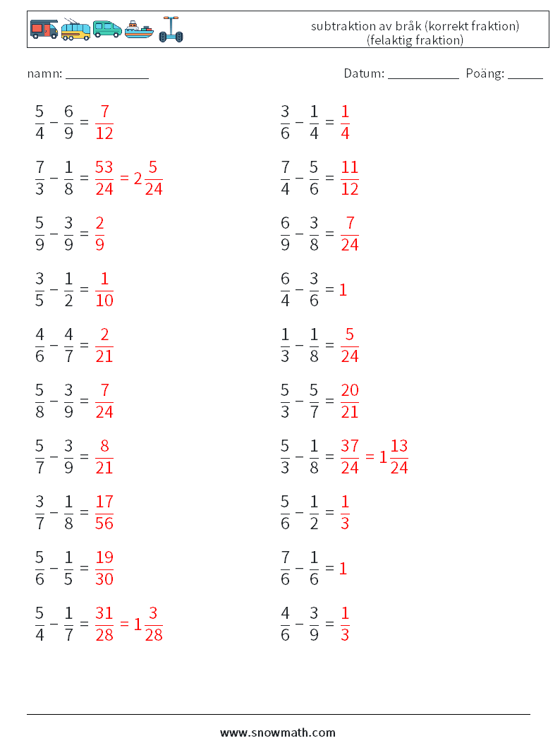(20) subtraktion av bråk (korrekt fraktion) (felaktig fraktion) Matematiska arbetsblad 4 Fråga, svar