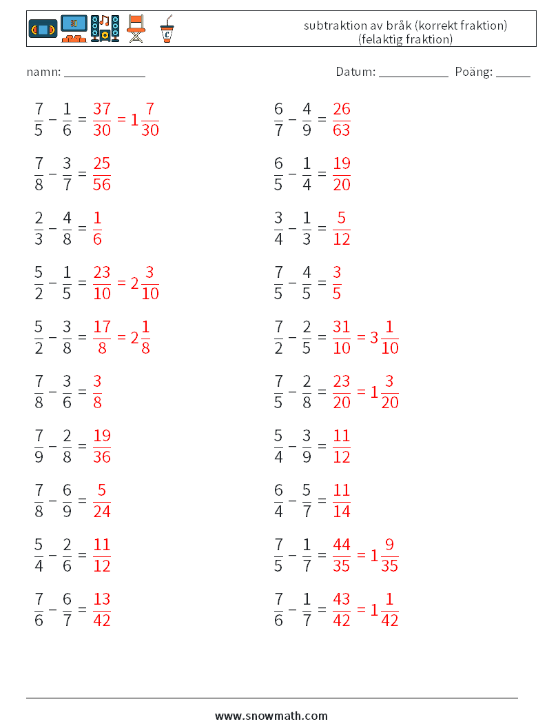 (20) subtraktion av bråk (korrekt fraktion) (felaktig fraktion) Matematiska arbetsblad 6 Fråga, svar
