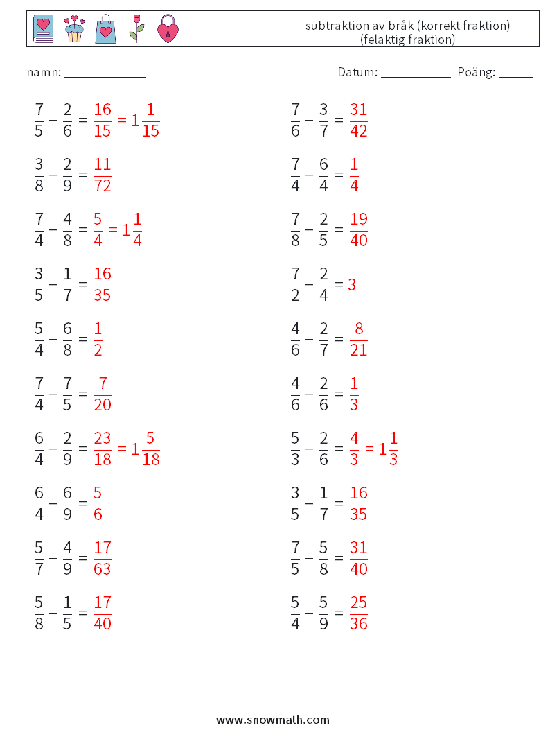 (20) subtraktion av bråk (korrekt fraktion) (felaktig fraktion) Matematiska arbetsblad 8 Fråga, svar