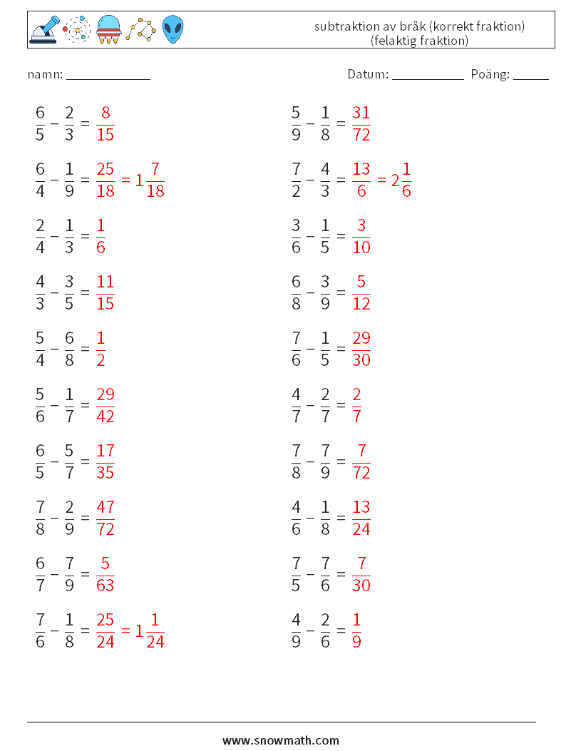 (20) subtraktion av bråk (korrekt fraktion) (felaktig fraktion) Matematiska arbetsblad 9 Fråga, svar