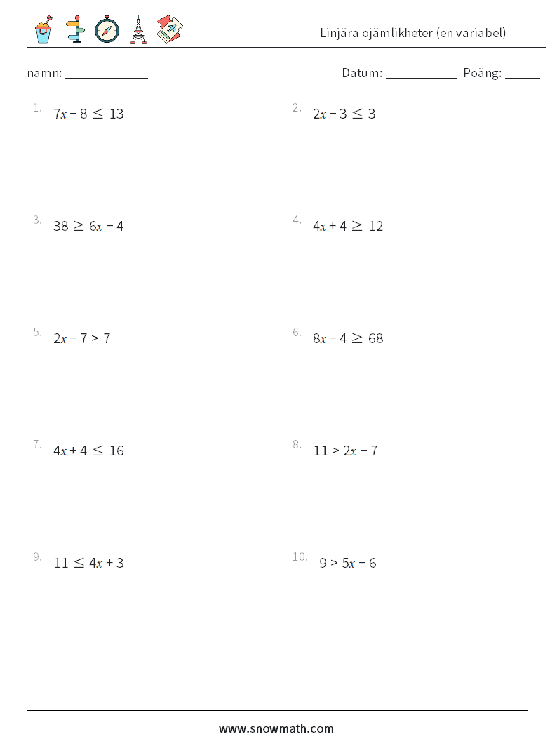 Linjära ojämlikheter (en variabel) Matematiska arbetsblad 1