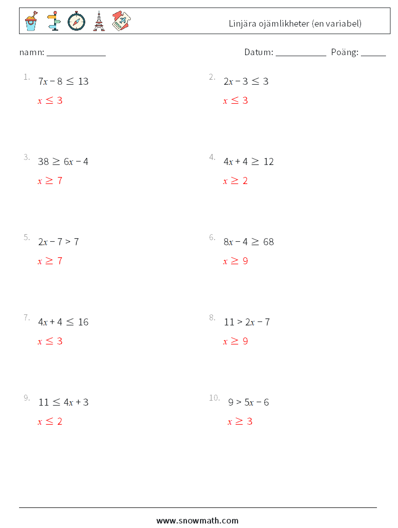 Linjära ojämlikheter (en variabel) Matematiska arbetsblad 1 Fråga, svar