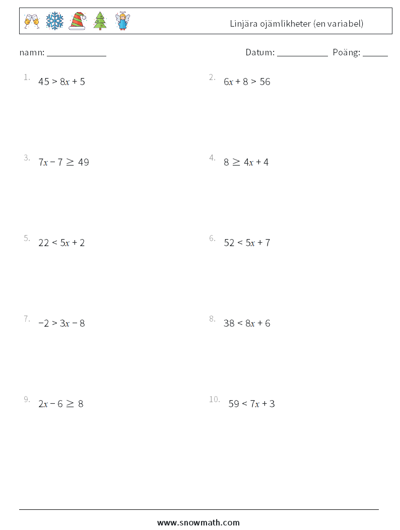 Linjära ojämlikheter (en variabel) Matematiska arbetsblad 2