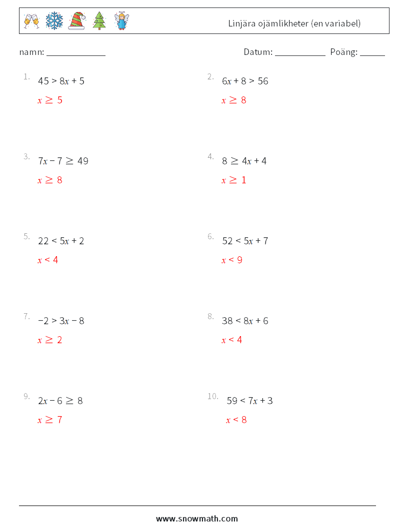 Linjära ojämlikheter (en variabel) Matematiska arbetsblad 2 Fråga, svar