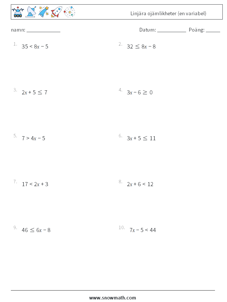 Linjära ojämlikheter (en variabel) Matematiska arbetsblad 3