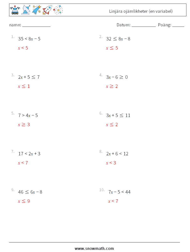 Linjära ojämlikheter (en variabel) Matematiska arbetsblad 3 Fråga, svar