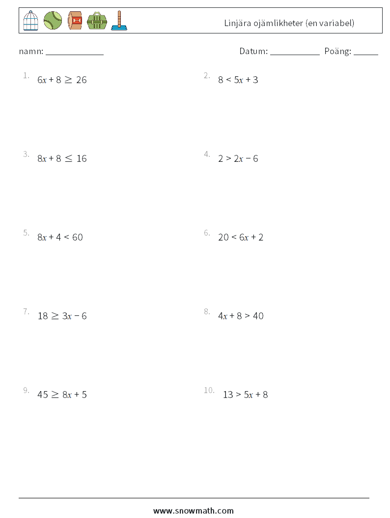 Linjära ojämlikheter (en variabel) Matematiska arbetsblad 4