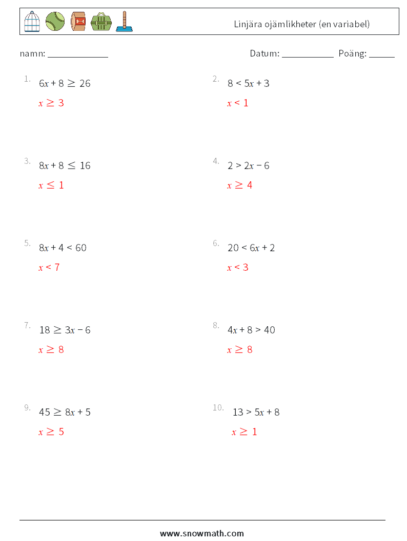 Linjära ojämlikheter (en variabel) Matematiska arbetsblad 4 Fråga, svar