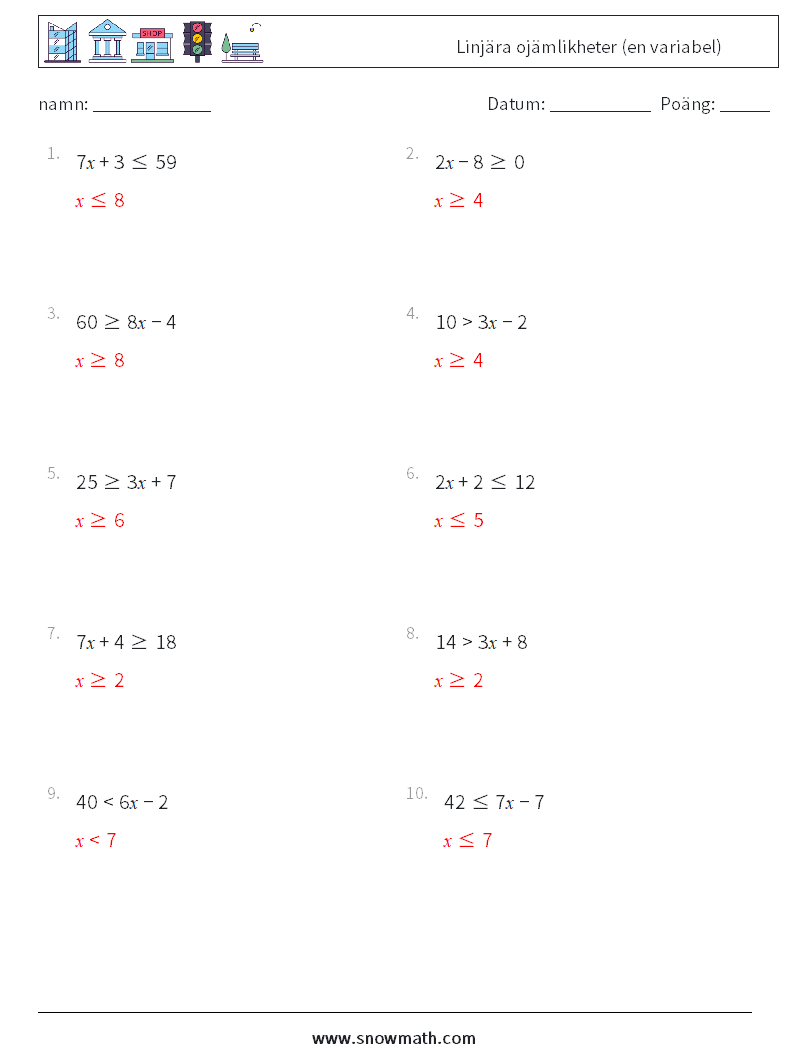 Linjära ojämlikheter (en variabel) Matematiska arbetsblad 5 Fråga, svar